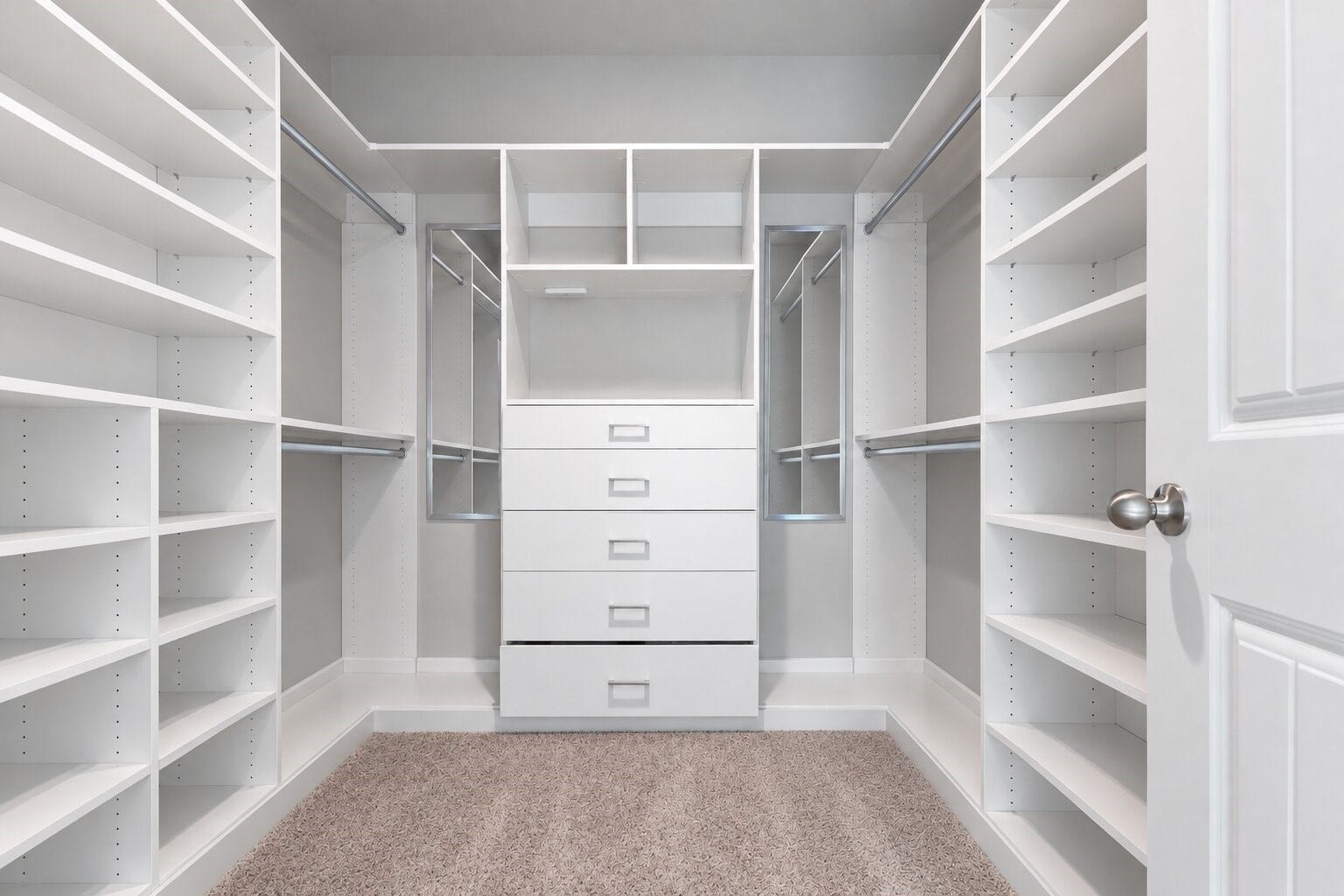 The primary walk-in closet has white built-in shelving, hanging rods at multiple heights, a bank of drawers in the center and spaces for shoes and handbags. The layout makes it easy to organize an entire wardrobe in one place. Carpet and good lighting make it comfortable to use every morning. A closet this well designed saves you the cost and trouble of adding a custom organizer. Photo has been digitally decluttered.