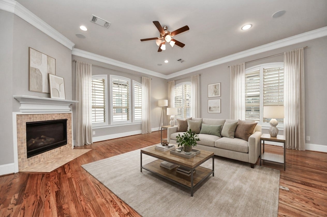 1617 W 23rd Street, Houston, TX 77008 Virtually staged living room with gas fireplace and TONS of light from the unobstructed wall of windows.