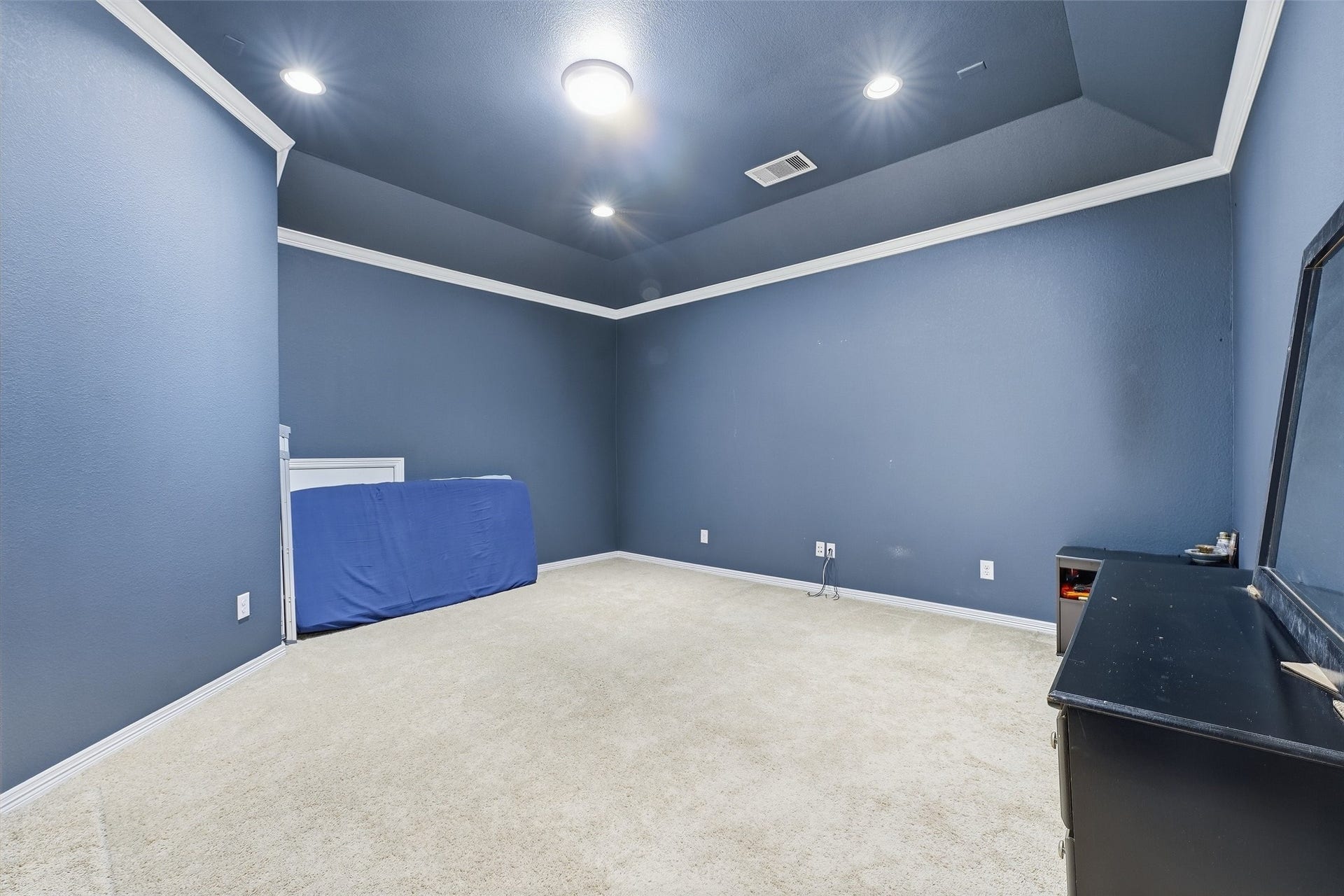 8311 Caroline Ridge Drive, Humble, TX 77396 Spacious room with rich blue walls and plush carpeting, offering a cozy atmosphere ideal for a media or playroom.