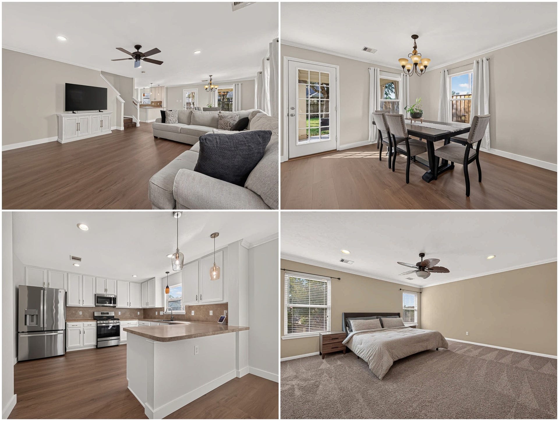 18019 Rexine Lane, Cypress, TX 77433 Spacious and inviting, this home features an open-concept living area with elegant vinyl plank floors, a modern kitchen with stainless steel appliances, a bright dining space with backyard views, and a large primary bedroom with plush carpeting.