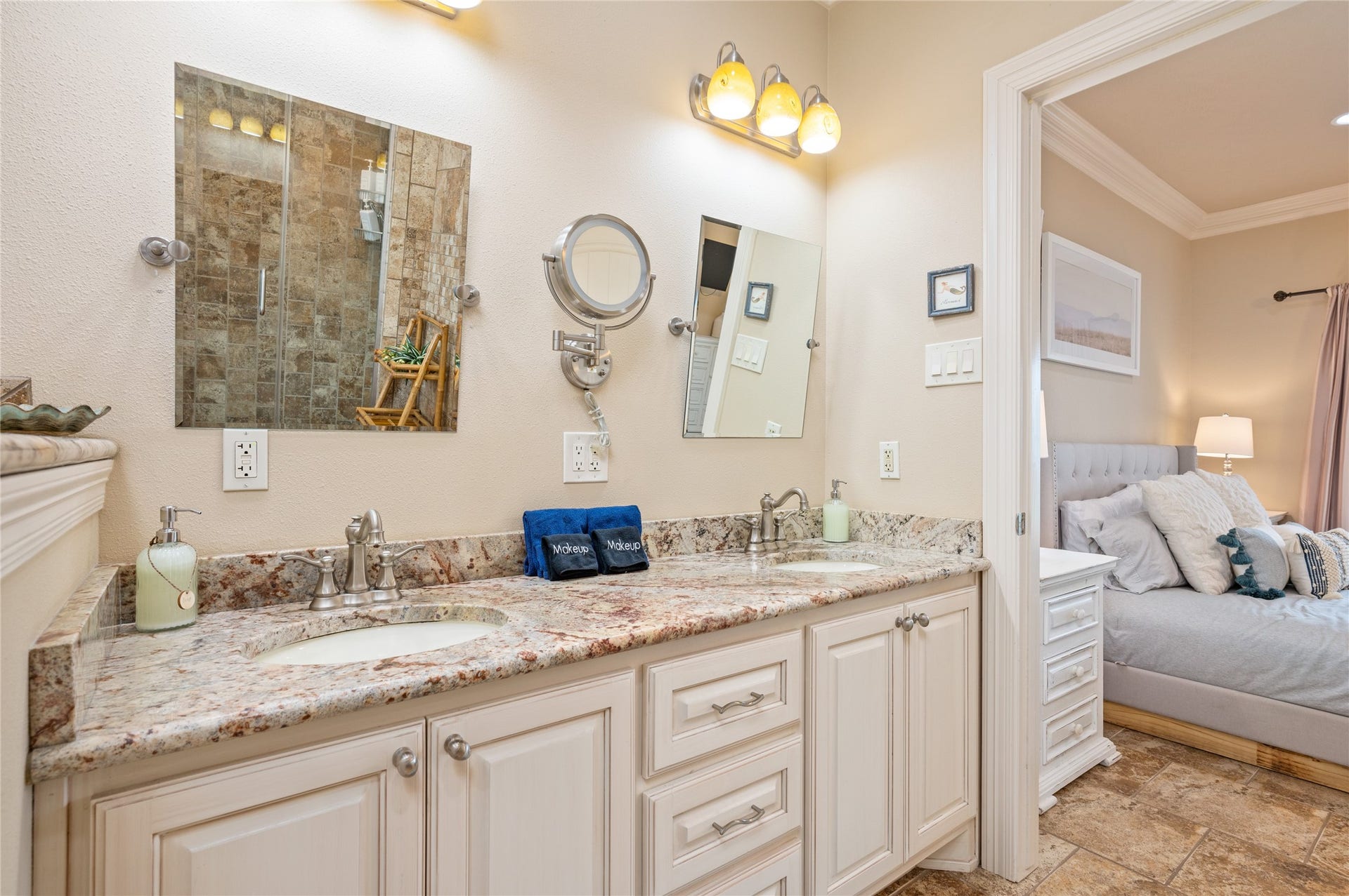819 Eastview, Crystal Beach, TX 77650 Getting ready is easy with your expansive dual-sink granite vanity, offering plenty of counter space and storage for two.