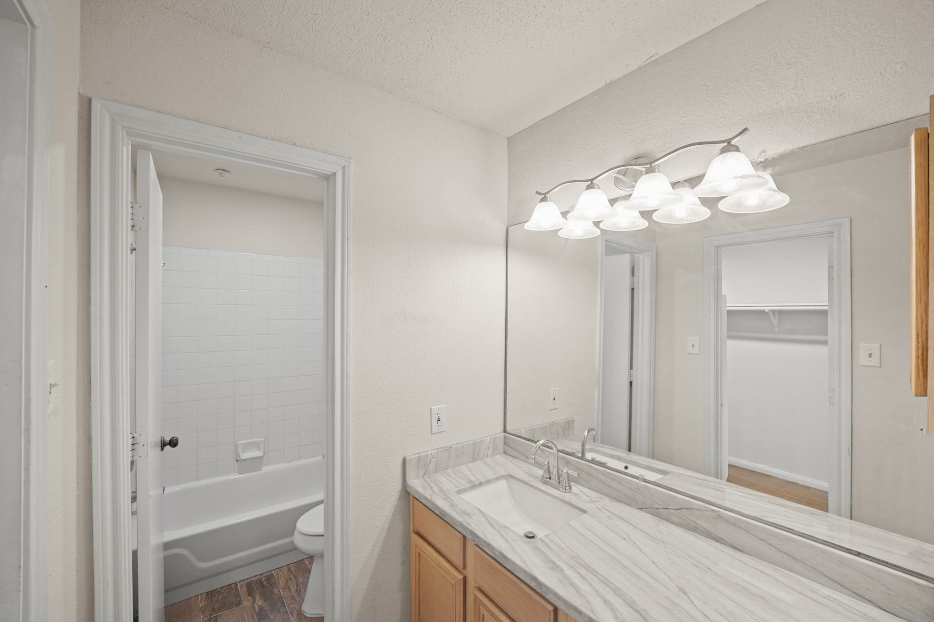 Bathroom features a modern vanity with a large mirror, complemented by stylish lighting.