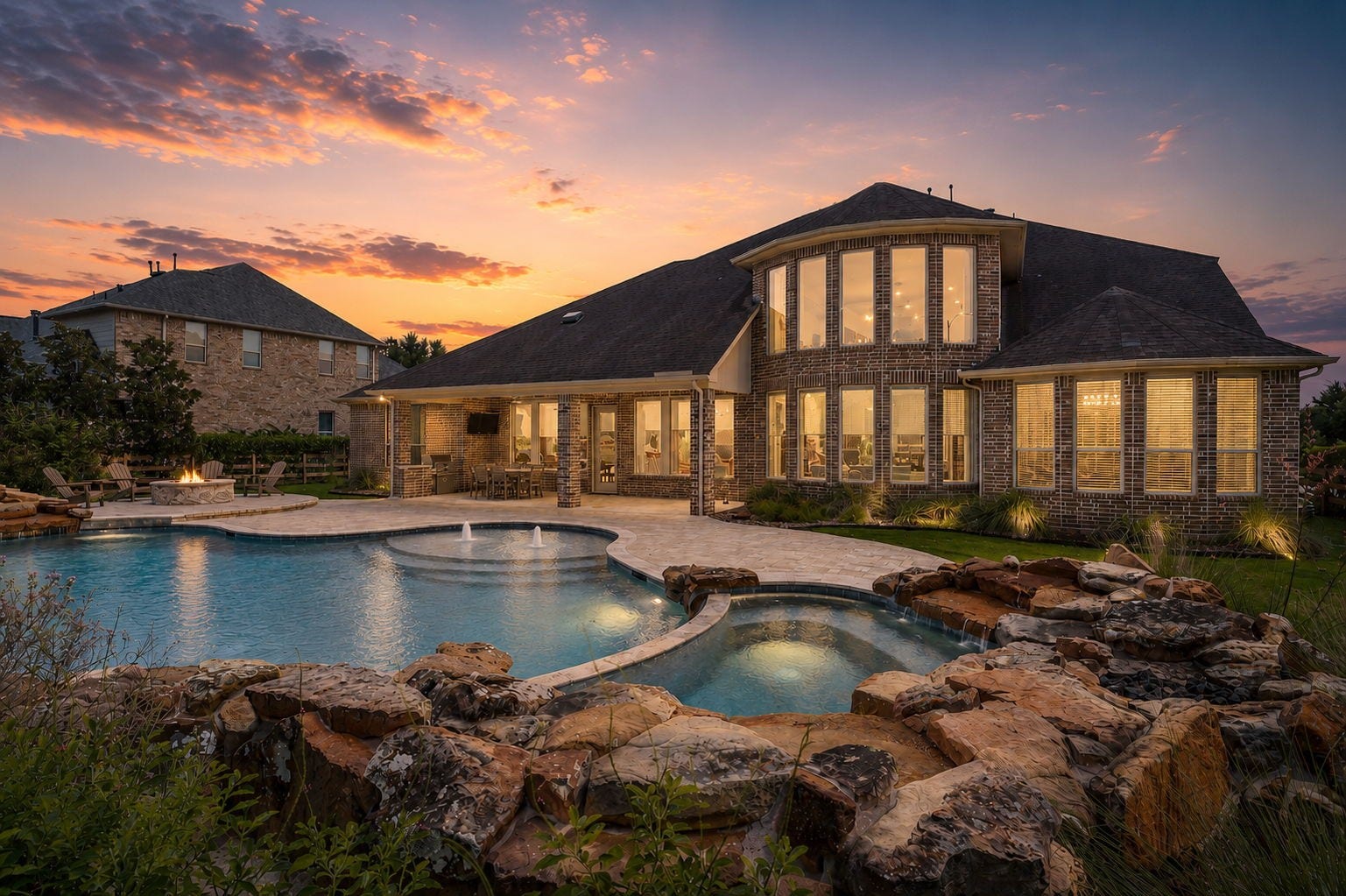 29826 Deer Crest Lane, Fulshear, TX 77406 Welcome Home to a spectacular backyard retreat featuring a Grand Isle pool with spa, rock waterfall features & expansive outdoor living spaces. The covered patio & outdoor kitchen create the perfect setting for relaxing or entertaining against a beautiful Texas sunset.