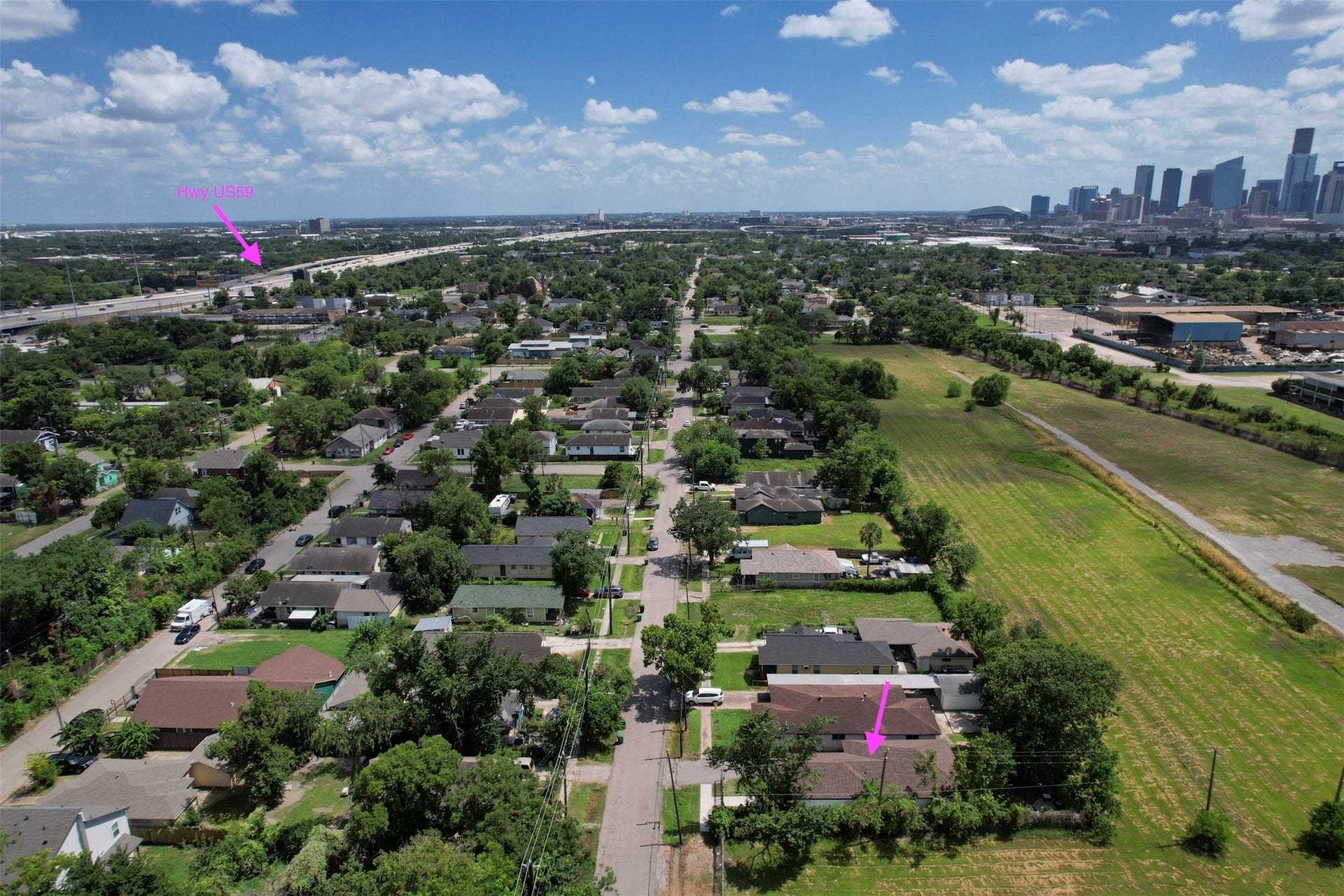 2631 Stevens Street, Houston, TX 77026 Aerial perspective showing proximity to Hwy 59, Downtown, and the Heights