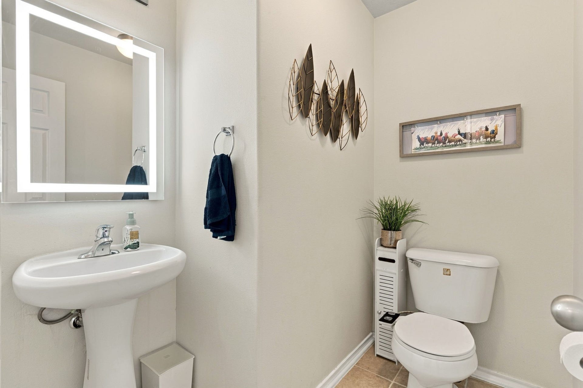 Chic and modern bathroom featuring a sleek pedestal sink with an illuminated mirror, stylish wall art, and tasteful decor accents.