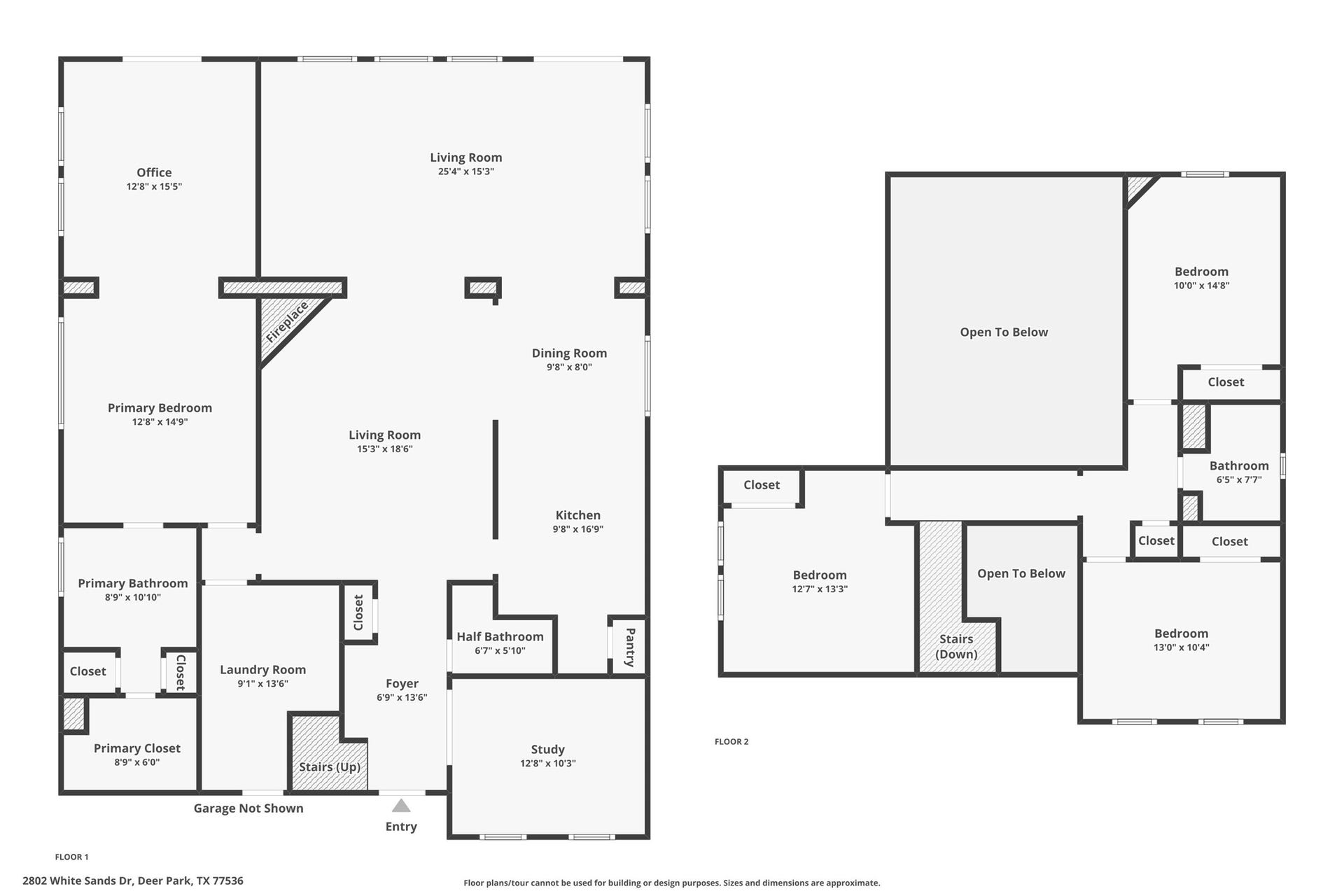 Spacious two-story home with a primary bedroom suite on the main floor, featuring an office, study, and an open living area. Upstairs offers two additional bedrooms and a bathroom, with generous open spaces below.