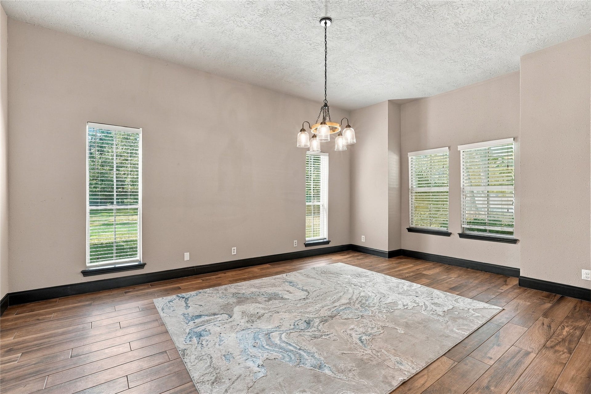 24904 Robin Hood Lane, Hockley, TX 77447 Spacious formal dining room with wood-look flooring, high ceilings, decorative chandelier, and multiple windows providing natural light.
