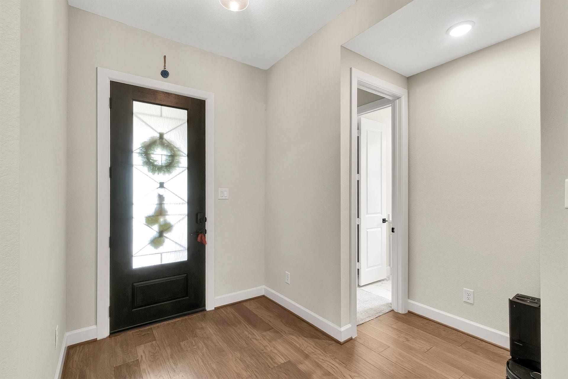 Bright entryway with a dark front door and decorative glass. Pastel painted walls, wood flooring, with a hallway leading to the kitchen and living room.