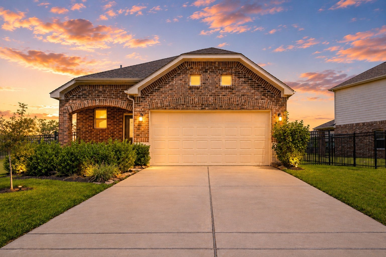 Charming brick home with a two-car garage, beautifully landscaped front yard, and a fenced side area, offering ample outdoor space on a sunny day.