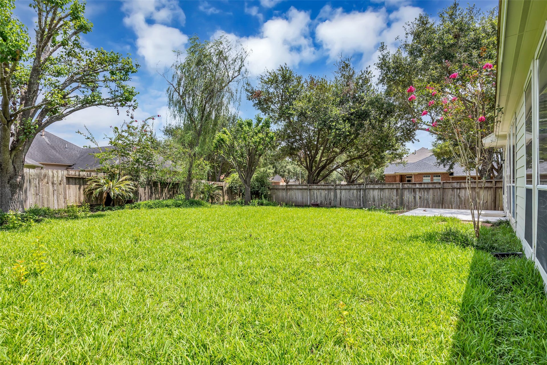 22002 Madera Canyon Court, Richmond, TX 77469 Spacious backyard with lush greenery, mature trees, and a private fence, perfect for outdoor activities and relaxation.