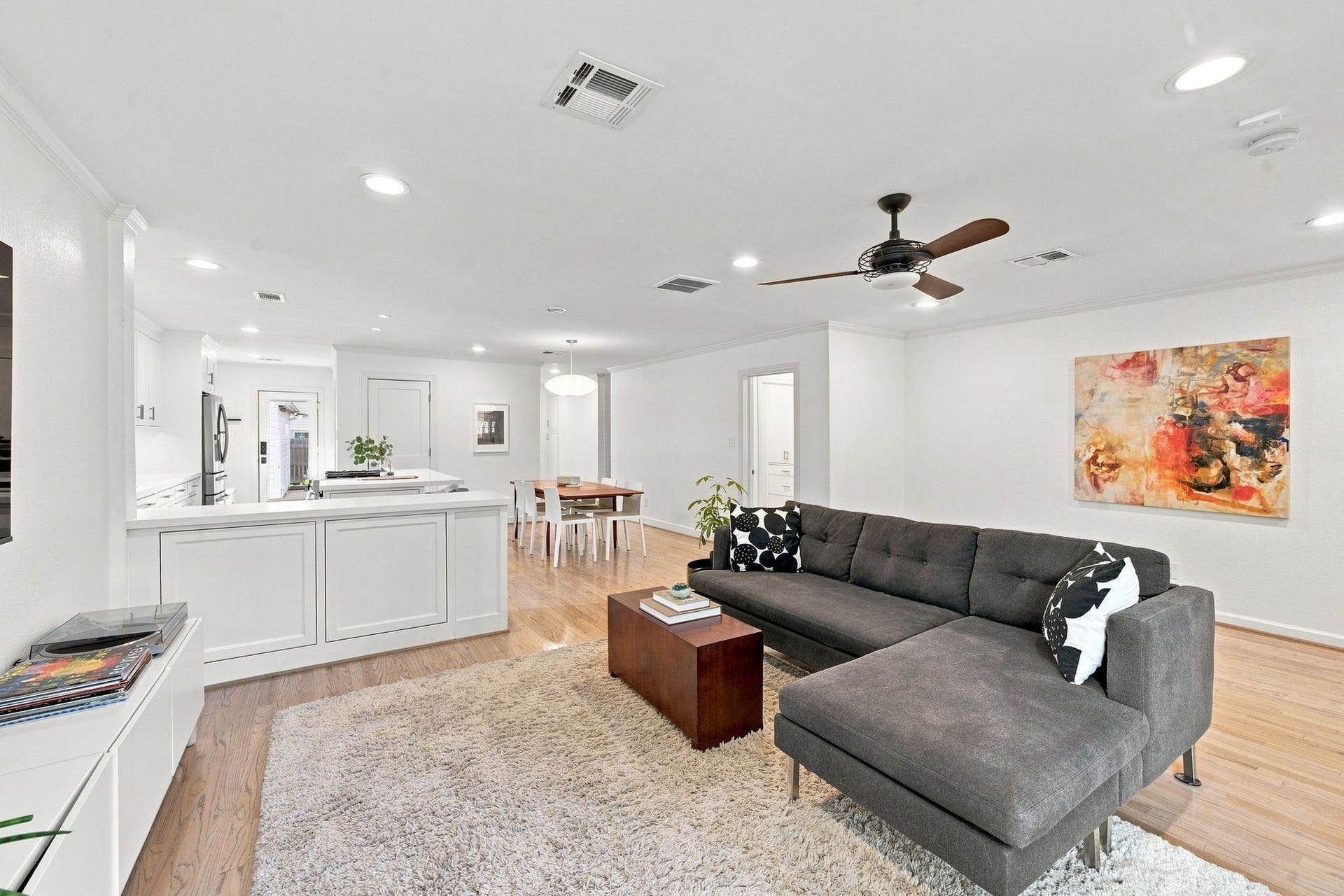 Living room open to the dining area and kitchen. Most of the living is on this one level.