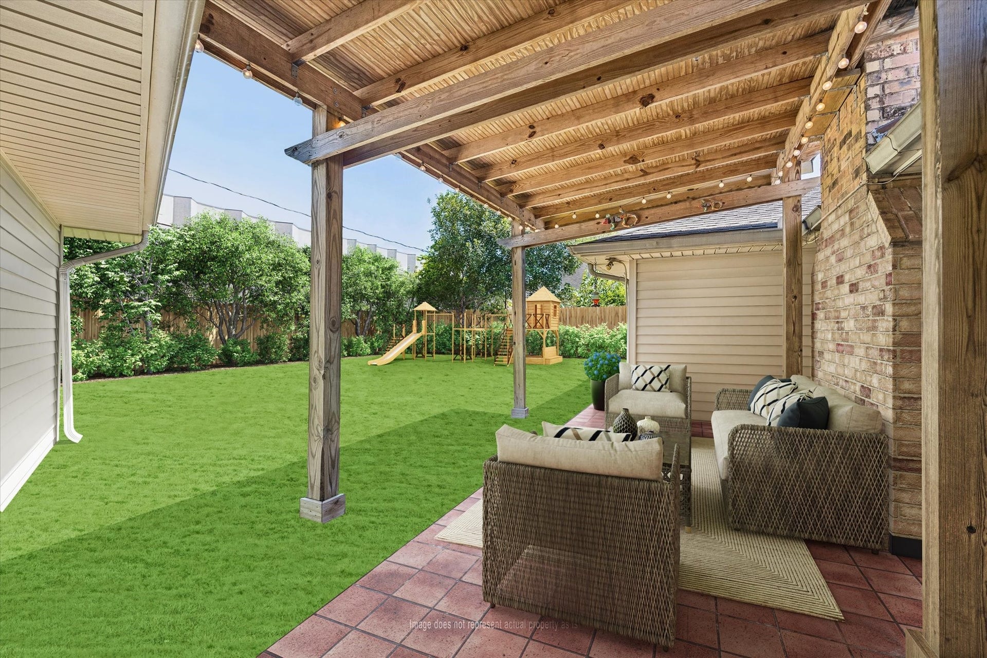 818 Olney Oak Drive, Houston, TX 77079 Virtually staged back yard to show plenty of yard space for playset or a pool!