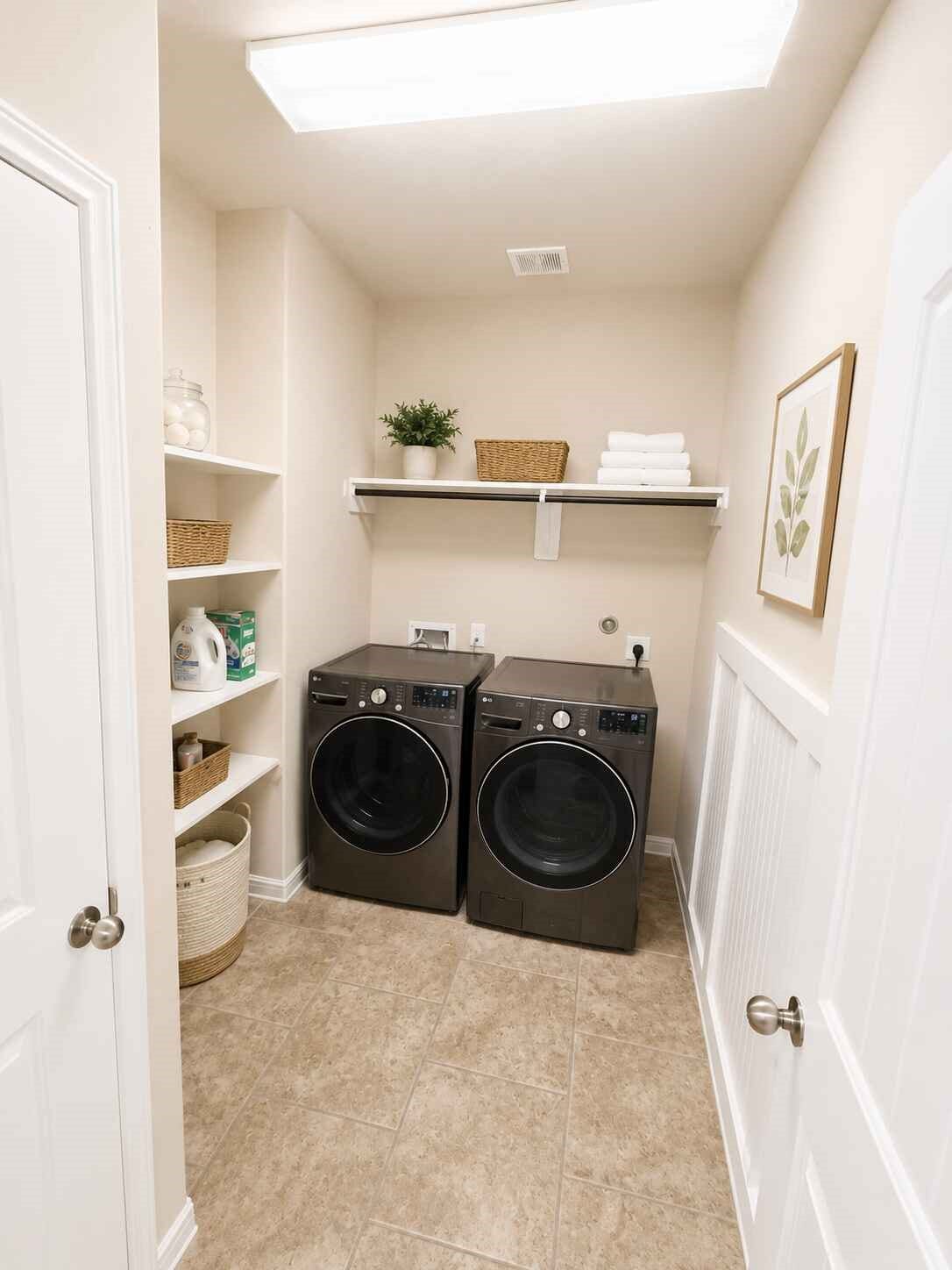 21570 Spear Valley Lane, Porter, TX 77365 Spacious utility room offers washer and dryer connections, built-in shelving and additional storage space to help keep laundry and household essentials organized