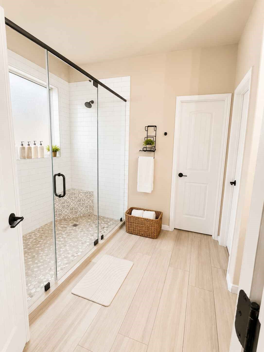 21570 Spear Valley Lane, Porter, TX 77365 Beautifully updated primary shower features frameless glass, classic subway tile, modern black fixtures, a pebble-style floor and built-in bench for added comfort and convenience