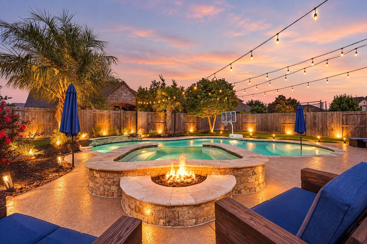The backyard really shines after sunset! A built-in gas fire pit fronts the oversized spa, while glowing string lights, illuminated landscaping and pool lighting create a spectacular nighttime setting.