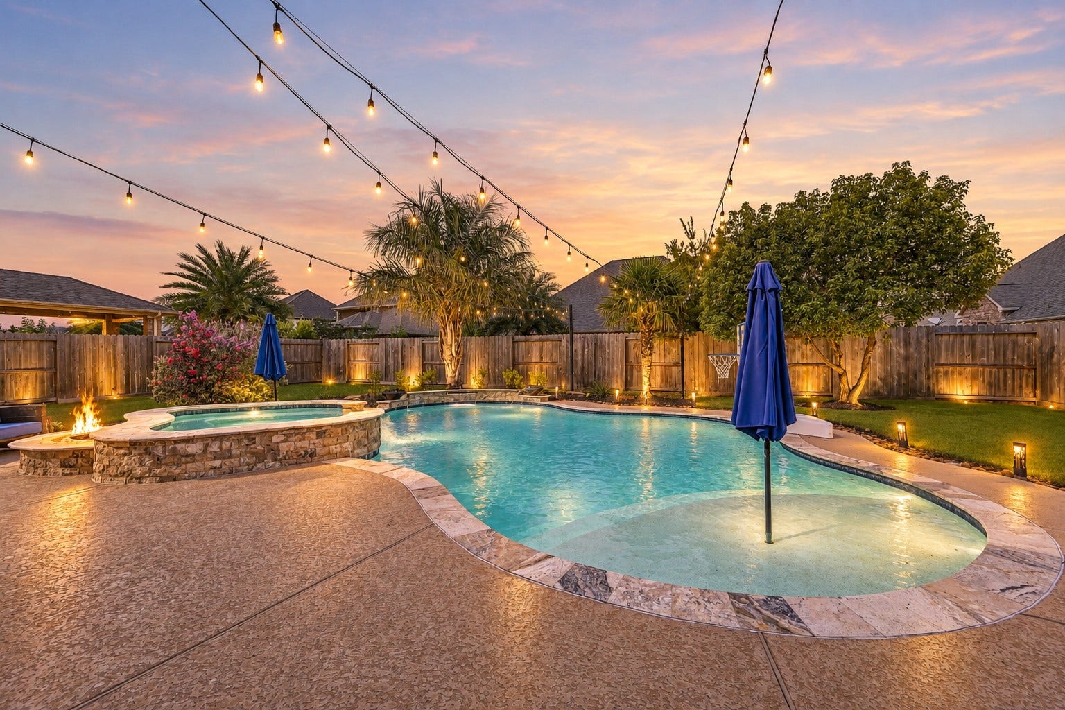 As evening arrives, string lights and extensive landscape lighting transform the backyard, illuminating the heated pool and oversized spa while the built-in gas fire pit adds another inviting gathering spot.