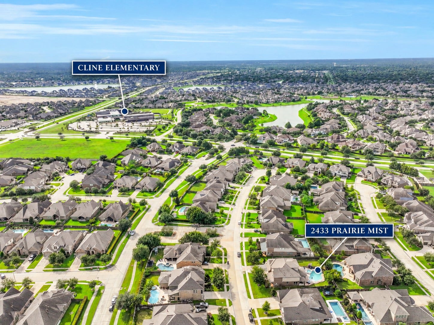 Location is a standout! This labeled aerial illustrates just how close 2433 Prairie Mist is to the new Cline Elementary, offering convenient walkable access from this gated section of West Ranch.