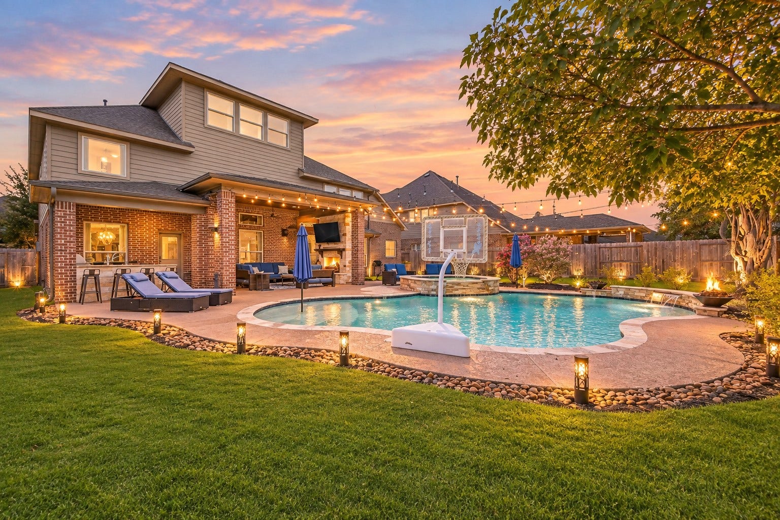 The backyard shines at sunset with a heated pool & oversized spa, glowing landscape and string lighting, plus an expansive covered patio with outdoor kitchen and gas-log fireplacecreating an impressive setting for outdoor living.
