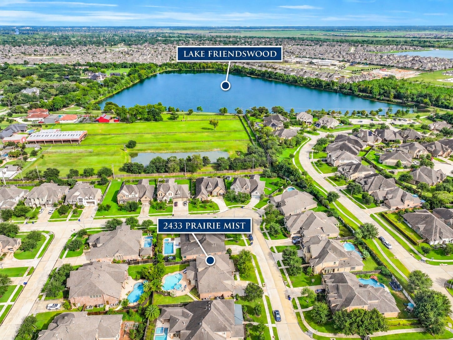 Another labeled aerial places 2433 Prairie Mist near scenic Lake Friendswood, highlighting the homes setting within the greater West Ranch area and proximity to one of Friendswoods most recognizable natural landmarks.