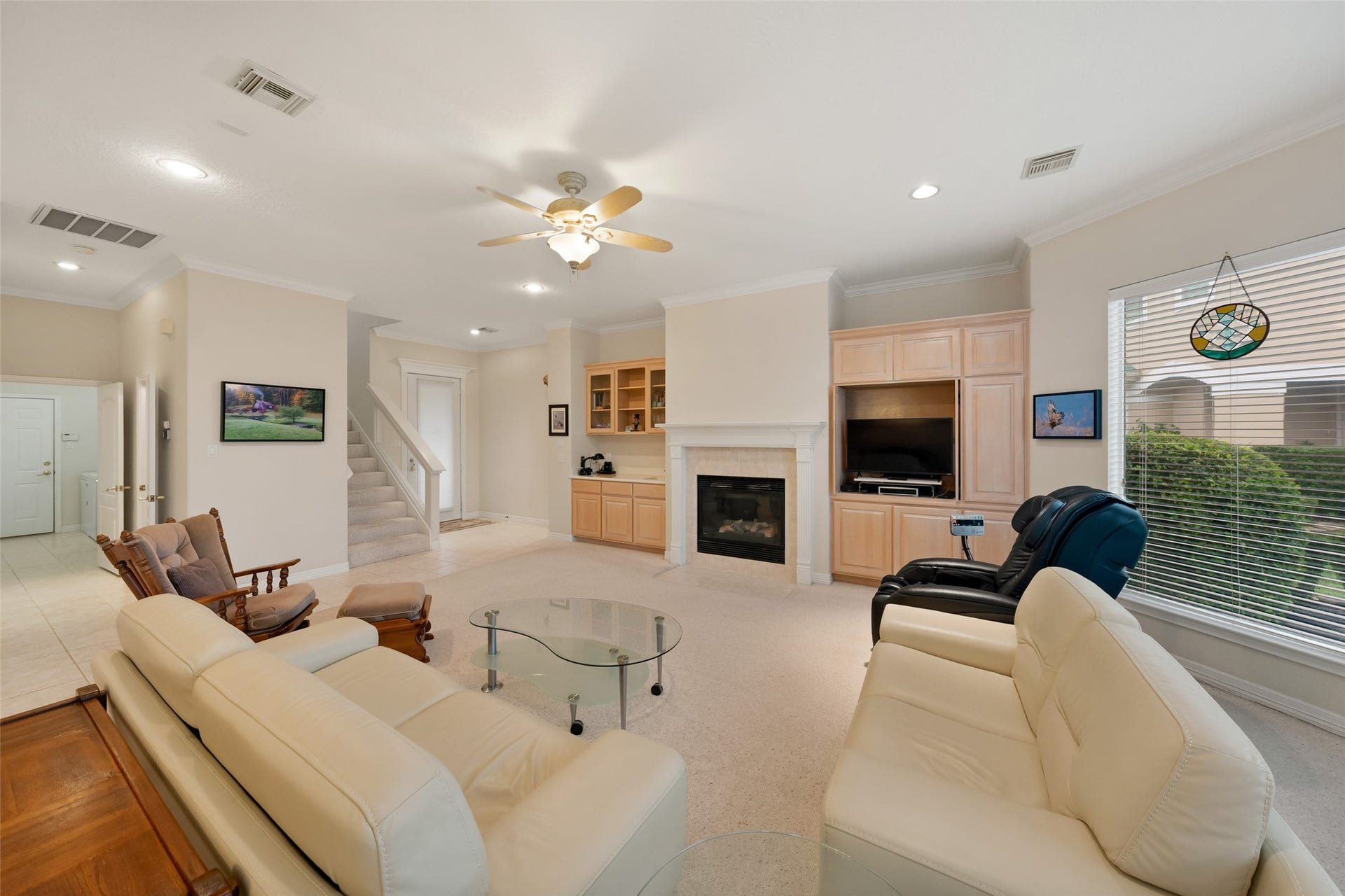 Enjoy the fireplace on cool winter days. Fan helps circulate the heat throughout the house.