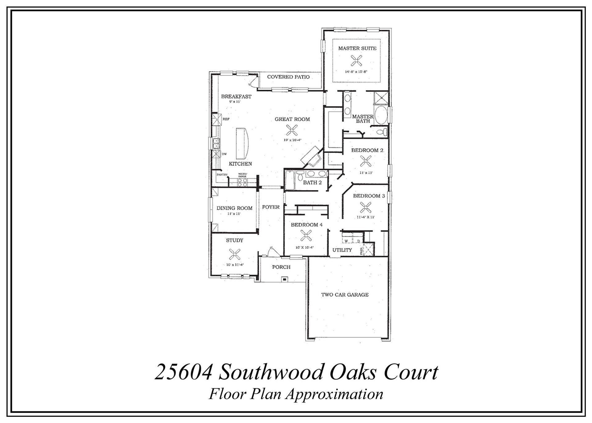 25604 Southwood Oaks Court, Porter, TX 77365 This is a spacious single-story VILLAGE BUILDER floor plan featuring four bedrooms, including a master suite with a private bath, an additional full bath, a study, a dining room, a great room, and a open kitchen with a breakfast area. There's also a back patio, front porch, utility room, and a two-car garage.