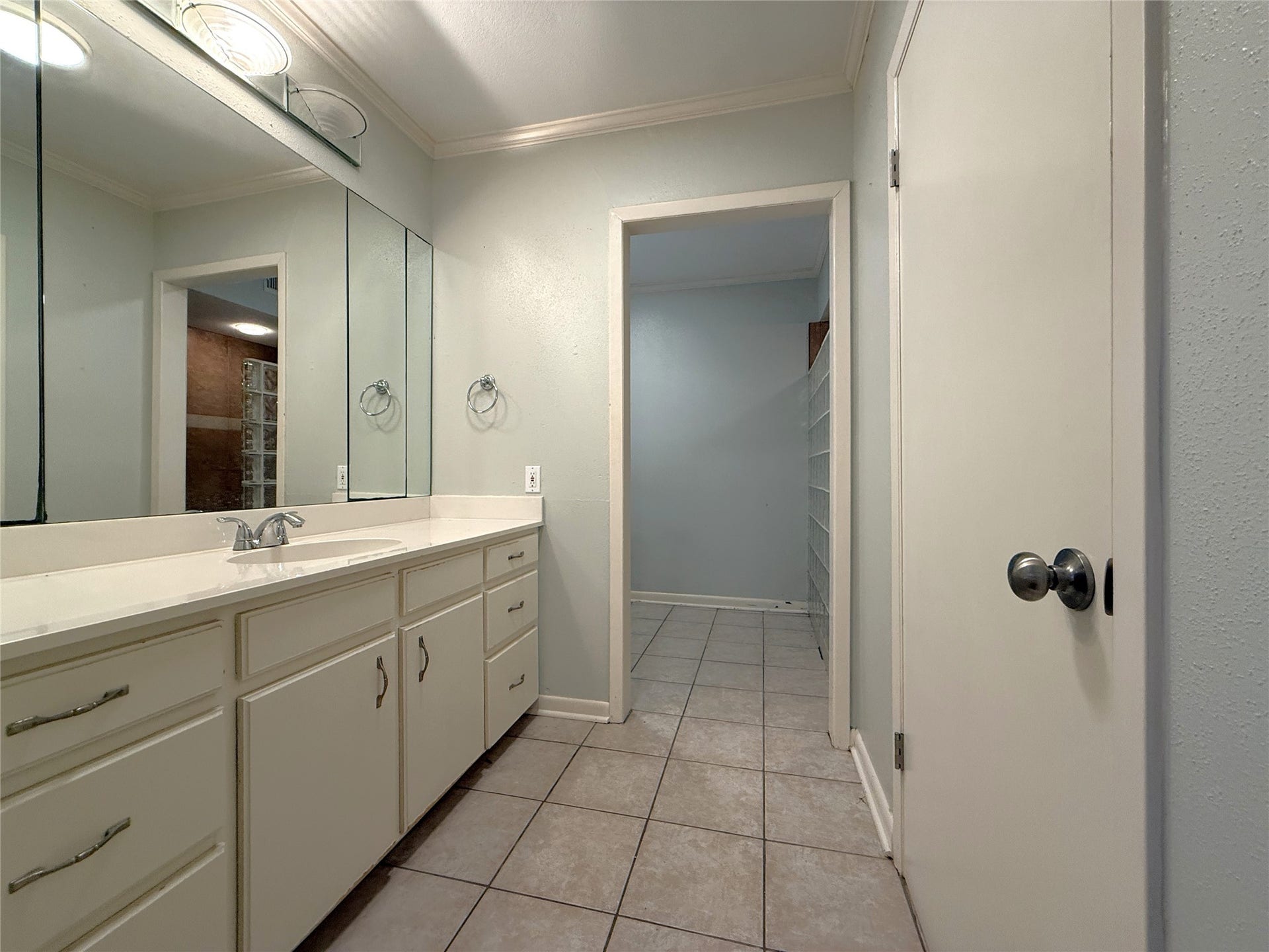 1968 Dryden Road, #1, Houston, TX 77030 The primary bathroom offers an extended vanity with lots of storage. Behind the door on the left is a walk-in closet.