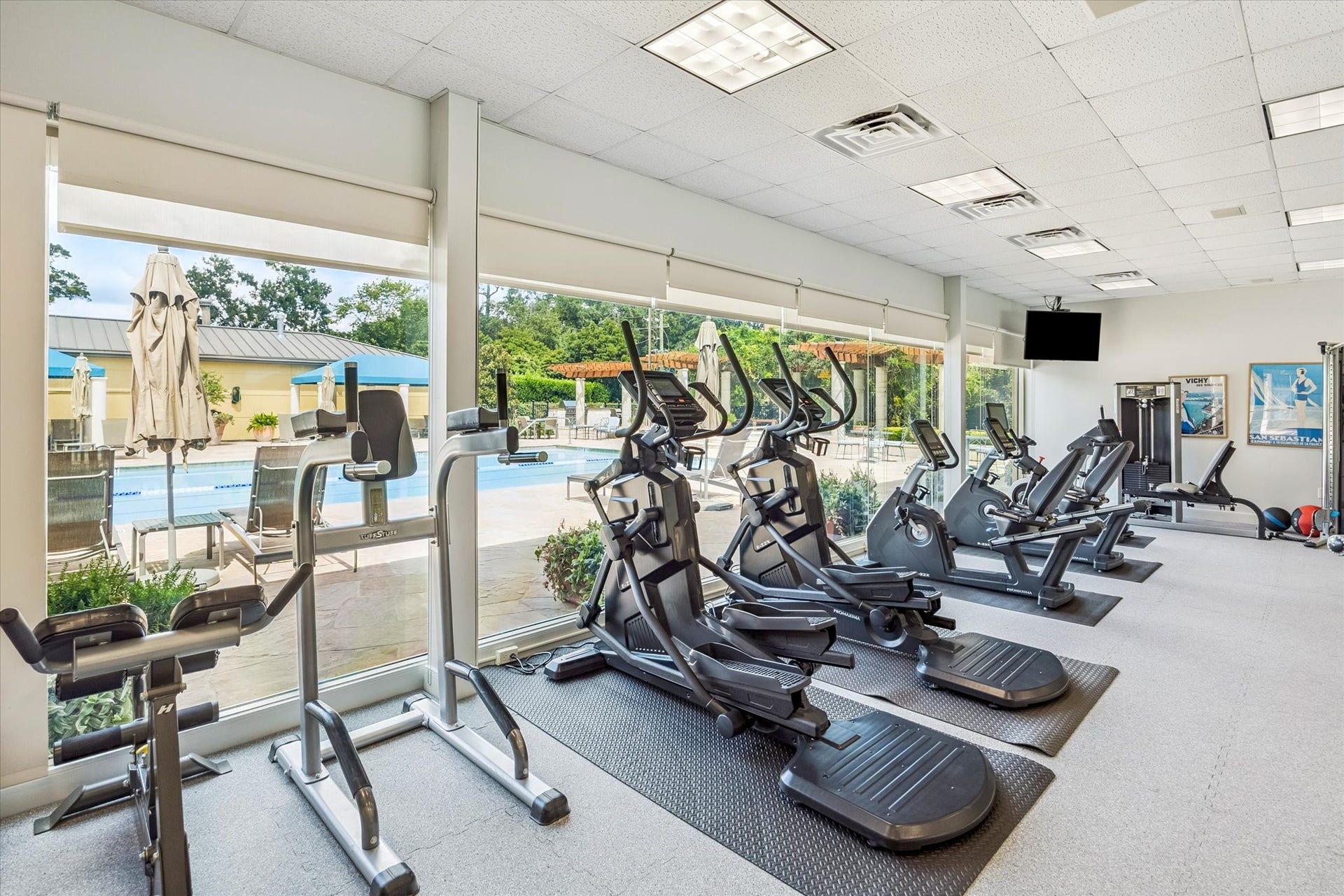 Montebello Gym overlooks pool area.
