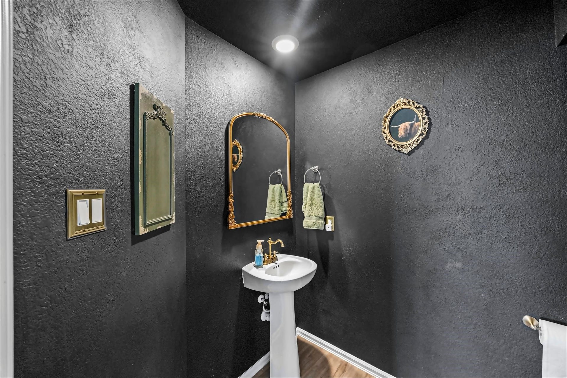 17811 Pemswood Drive, Hockley, TX 77447 Downstairs half bath with a bold accent wall