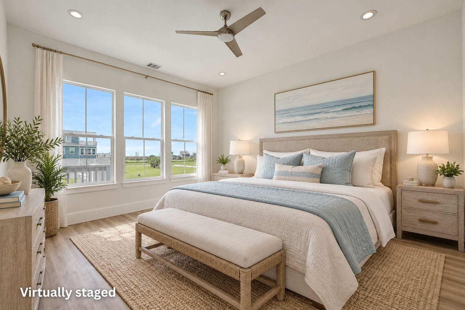 1627 Bay Pointe Drive, Galveston, TX 77554 Virtually staged photo of the primary bedrroom!