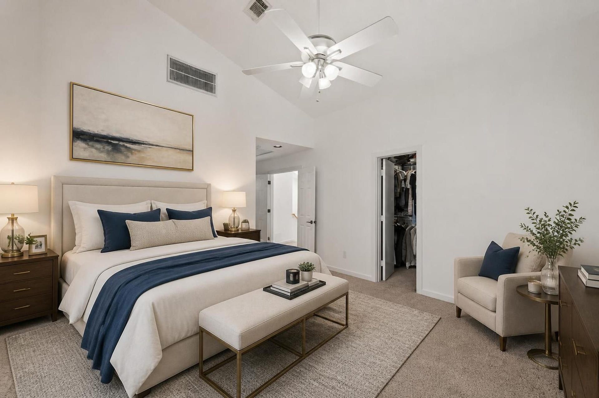 6128 Grand Boulevard, Houston, TX 77021 The entire third floor is designed around the primary retreat, with high ceilings, a private bedroom, ensuite bath, two walk-in closets, and dedicated office space. The layout gives the suite strong separation from the rest of the home. Virtually staged.