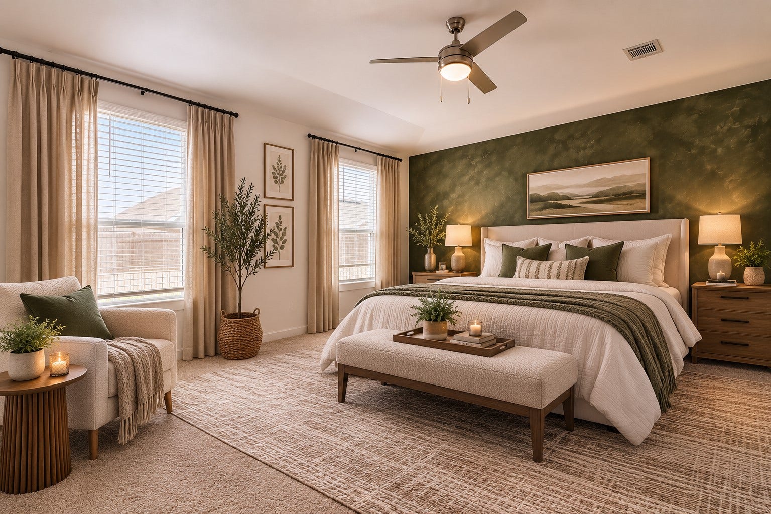 Retreat to this spacious and inviting primary suite, offering ample room for a king-size bedroom set, cozy sitting area, and dresser, creating the perfect private sanctuary to relax and unwind. Virtually staged.