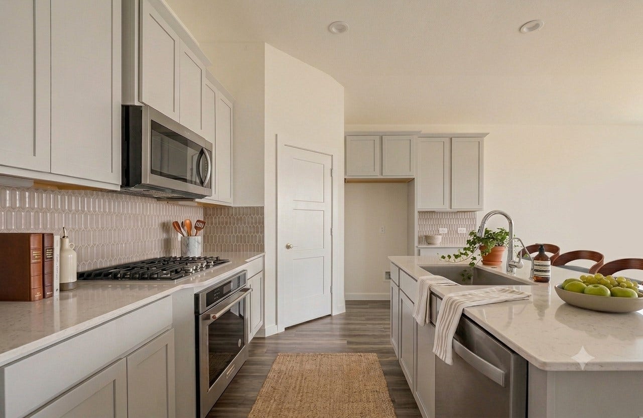 This bright, modern kitchen offering an expansive quartz island with a deep farmhouse sink, sleek stainless steel appliances, and a seamless open layout perfect for effortless cooking and daily living. Virtually Staged.