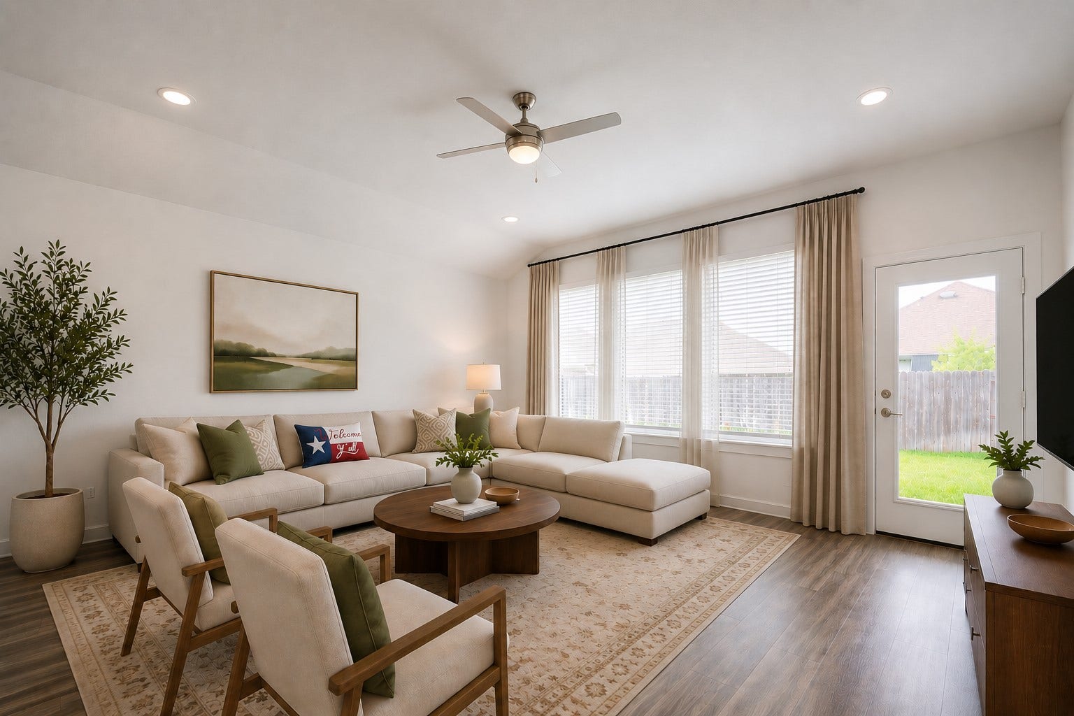 Sun-filled living area designed for comfort and flexibility, ready for you to furnish with your own sectional, entertainment center, and finishing touches. Vurtually Staged.