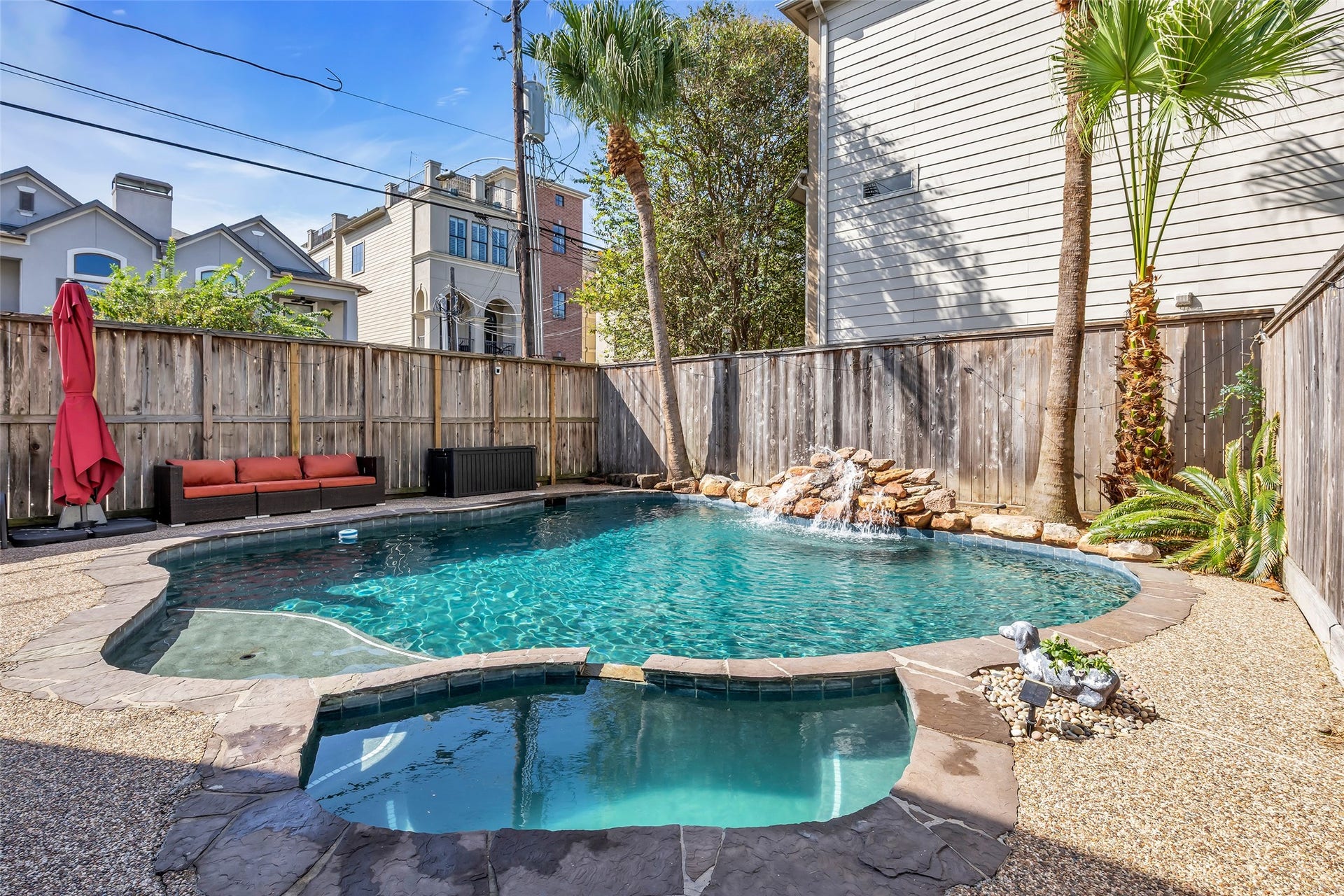 601 Lester Street, Houston, TX 77007 Heated pool and spa with waterfall feature.