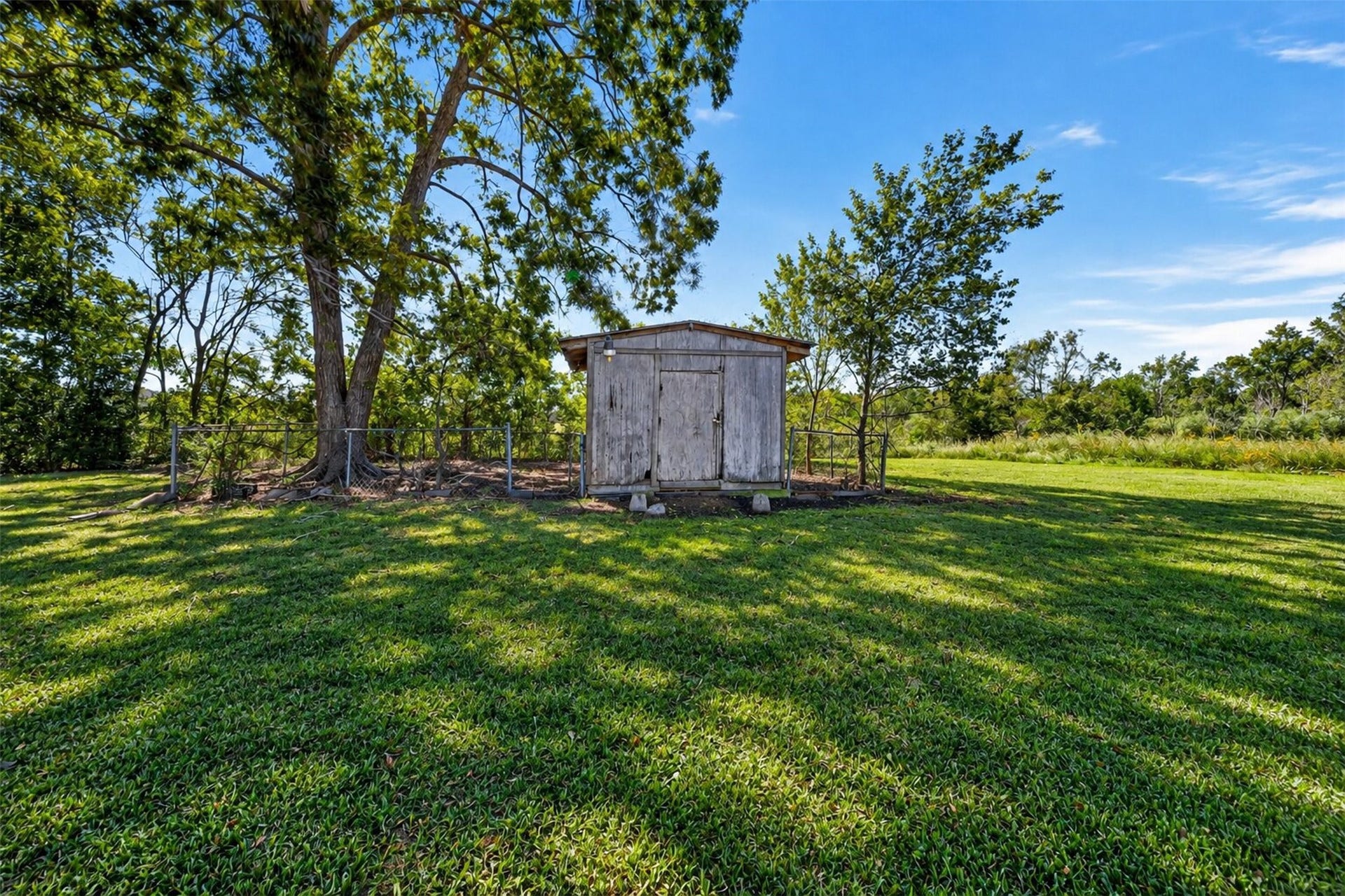 4913 Partridge Street, La Marque, TX 77568 Storage shed and large producing pecan tree. Photos are enhanced to show full potential.