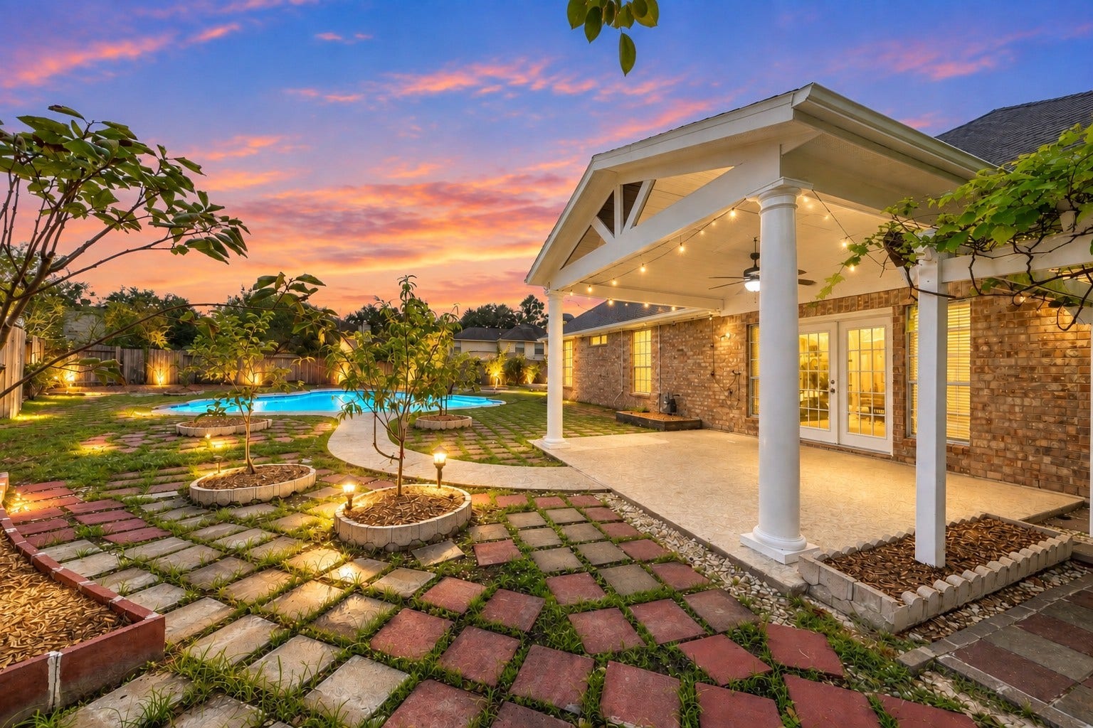 2611 Oxhill Court, Pearland, TX 77584 This inviting backyard retreat features a spacious covered patio overlooking a private pool and landscaped yard. The glowing pool adds a striking focal point, creating an ideal atmosphere for relaxing, entertaining, and enjoying evenings outdoors.
