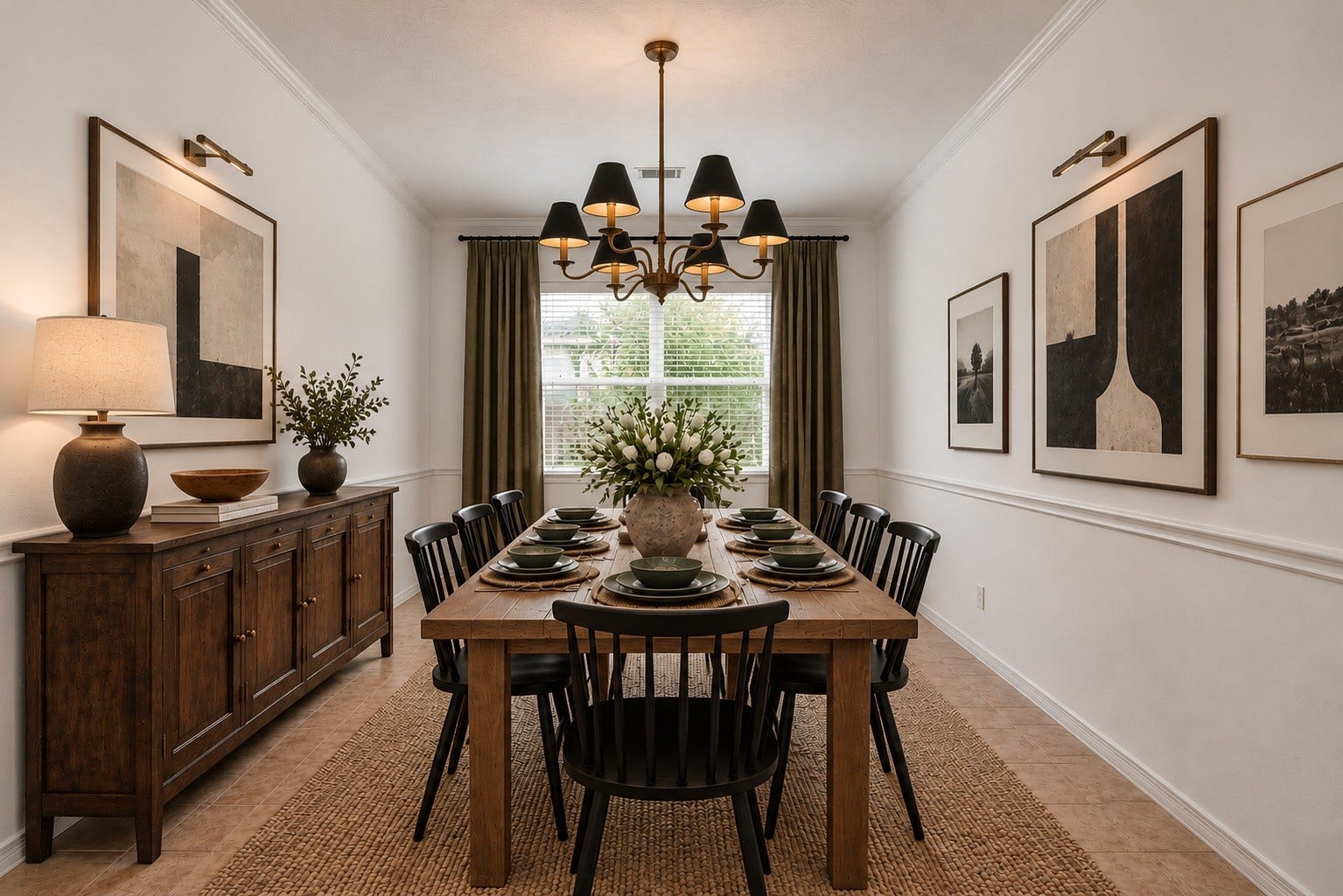 2006 Peonies Court, Pearland, TX 77581 Virtual staging brings the formal dining room to life with a polished tablescape, illustrating its potential for dinner parties, celebratory meals, and other occasions.