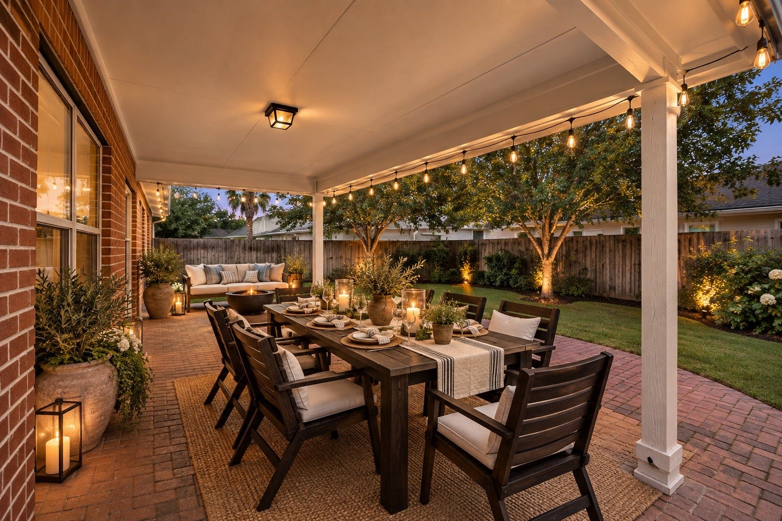 2006 Peonies Court, Pearland, TX 77581 Virtual staging transforms the covered patio into an outdoor living and dining area, illustrating how this sheltered extension can serve as an inviting place to entertain or enjoy time outside.