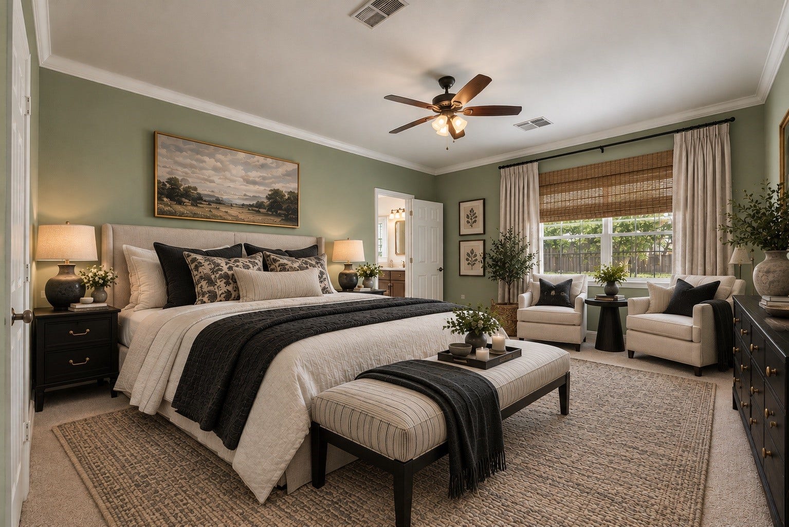 2006 Peonies Court, Pearland, TX 77581 Virtual staging presents the primary bedroom as a restful retreat, illustrating how its spacious footprint can accommodate a well-appointed sleeping area and complementary furnishings.