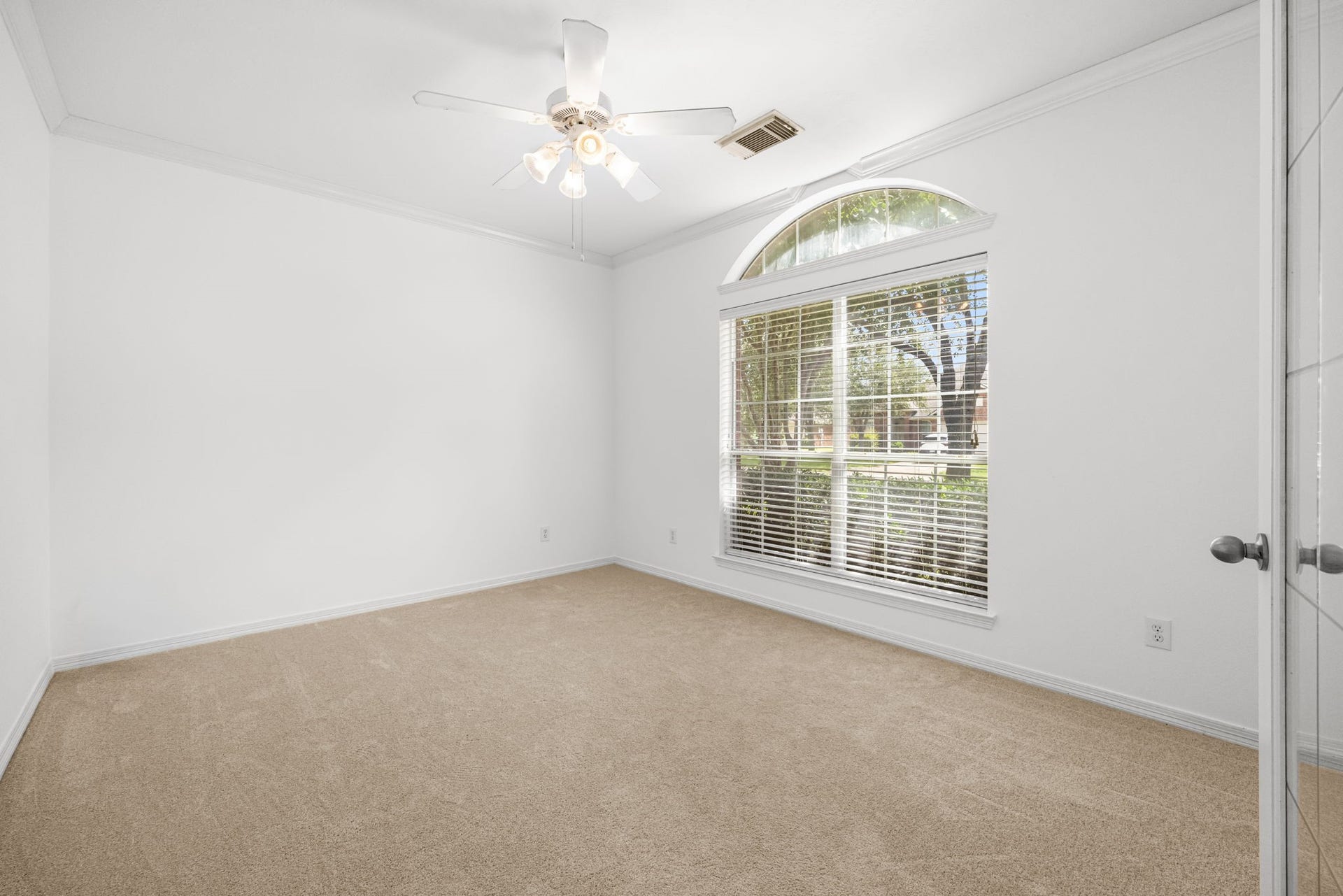 2006 Peonies Court, Pearland, TX 77581 Natural light pours through an oversized window in this dedicated office, illuminating plush carpeting and crown molding for a workspace with classic architectural detail.