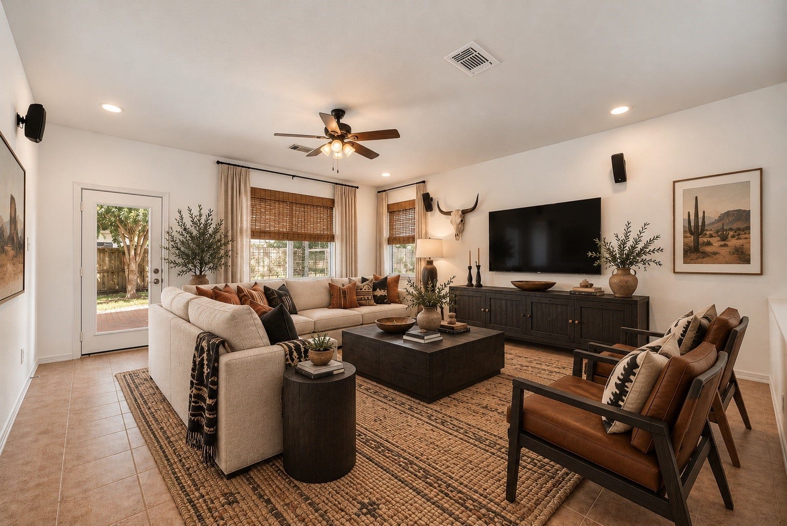 2006 Peonies Court, Pearland, TX 77581 Virtual staging reveals the living area's potential for a comfortable seating arrangement, with the open connection to the kitchen helping the spaces feel naturally linked.