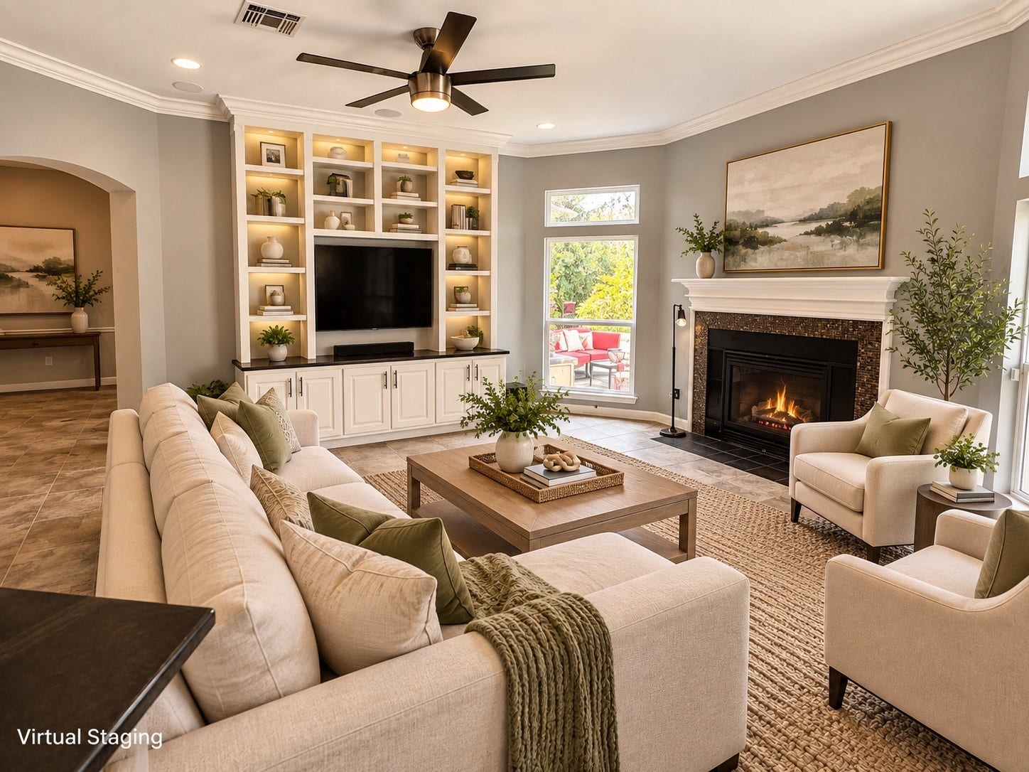 *virtually staged* This inviting family room features a cozy fireplace, built-in shelving with granite, and large windows that provide plenty of natural light and views of backyard oasis. The modern decor, including a stylish ceiling fan, enhances the warm and welcoming atmosphere.