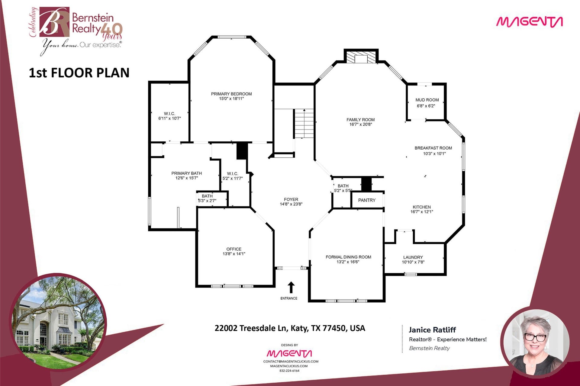 Discover this elegant home at 22002 Treesdale Ln. The floor plan boasts a spacious primary suite with two walk-in closets and a luxurious bath. Enjoy the open family room, formal dining area, and kitchen with a cozy breakfast nook. Additional features include an office, laundry room, mudroom, and pantry, offering ample space for comfortable family living.