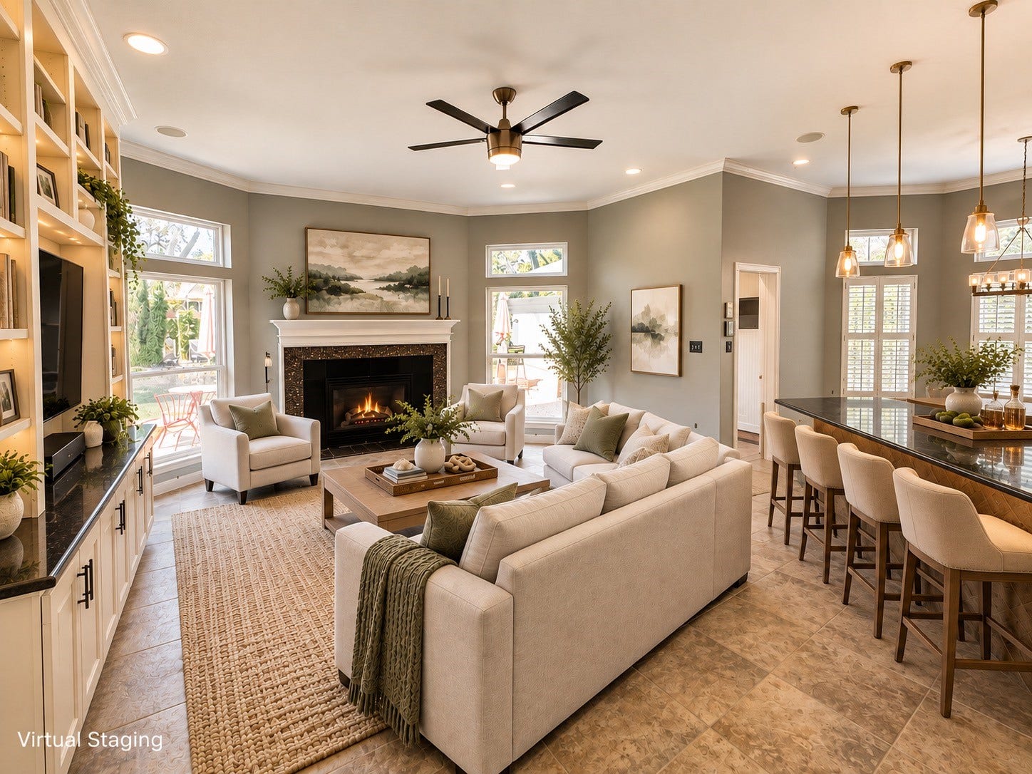 *virtually staged* Bright and modern family room with a cozy fireplace, built-in shelving, and large windows showcasing stunning garden and pool views. The 50" LG TV and Denon receiver and Yamaha Audio 10" subwoofer will remain with the home.