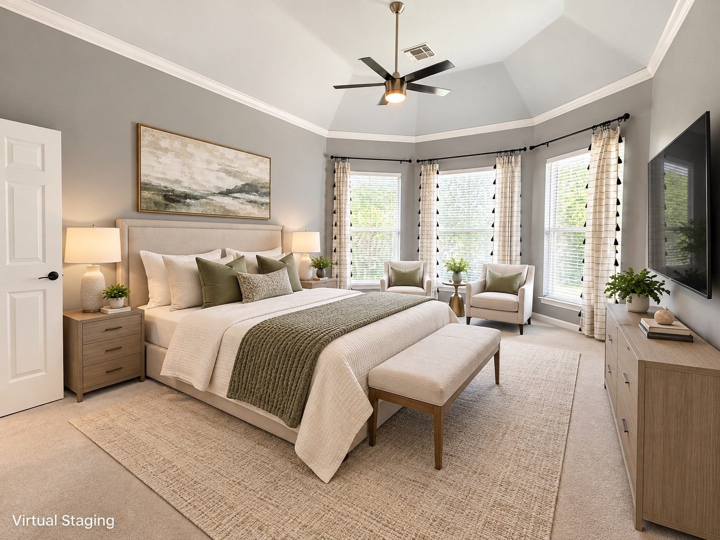 *virtually staged* This spacious Primary bedroom features large windows that provide ample natural light with a wonderful view of the pool. The room creates a cozy and inviting atmosphere with trey ceiling.