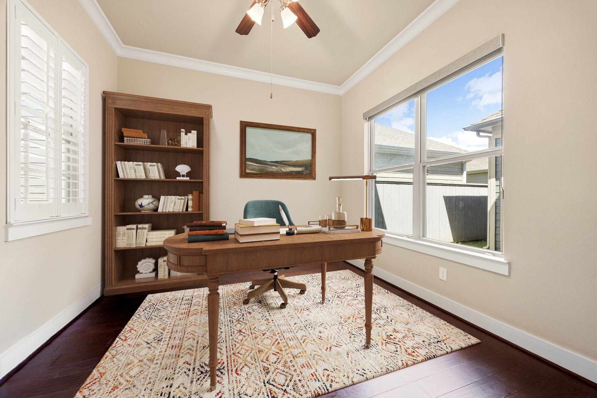 14 Kendrick Pines Boulevard, The Woodlands, TX 77389 This versatile flex space serves as a perfect home office, offering a quiet environment for productivity. Defined by a sophisticated tray ceiling and rich hardwood flooring, the room is bathed in natural light from a large window. Whether used as a professional workspace, library, or hobby room, this bright and airy setting provides the ultimate flexibility to suit your lifestyle.