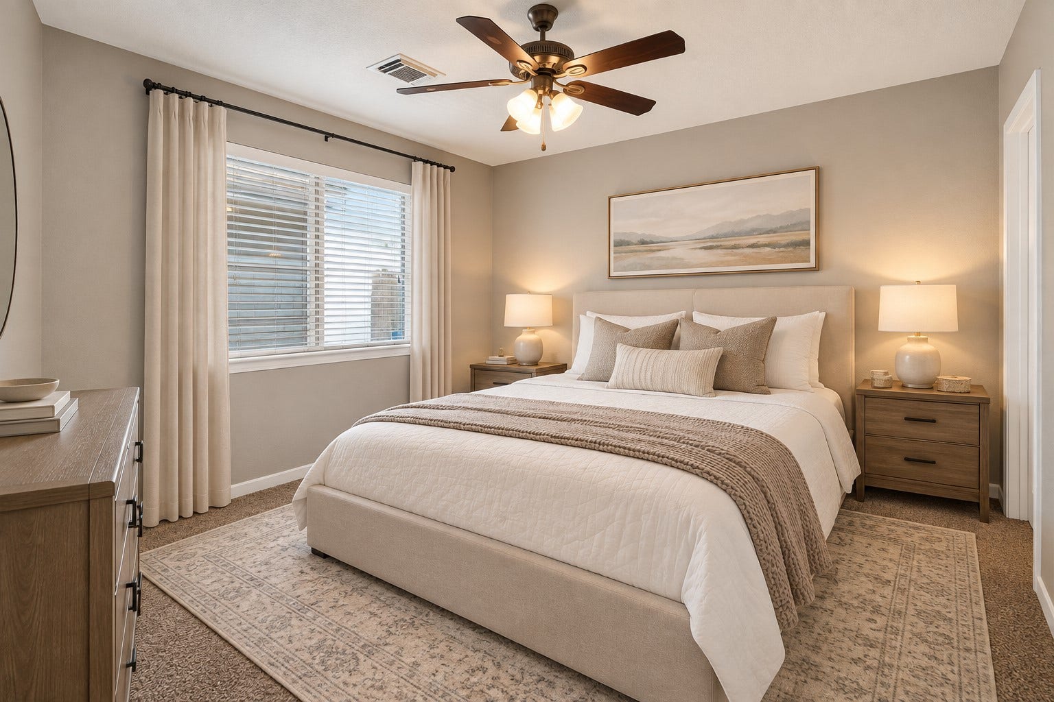 19547 Fletcher Way Drive, Houston, TX 77073 Virtually staged to demonstrate a comfortable queen-bedroom layout while preserving easy access around the room.