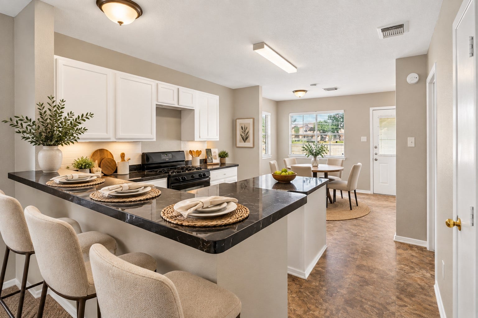 19547 Fletcher Way Drive, Houston, TX 77073 Virtually staged to show how simple counter seating and decor can make the breakfast bar part of everyday living.