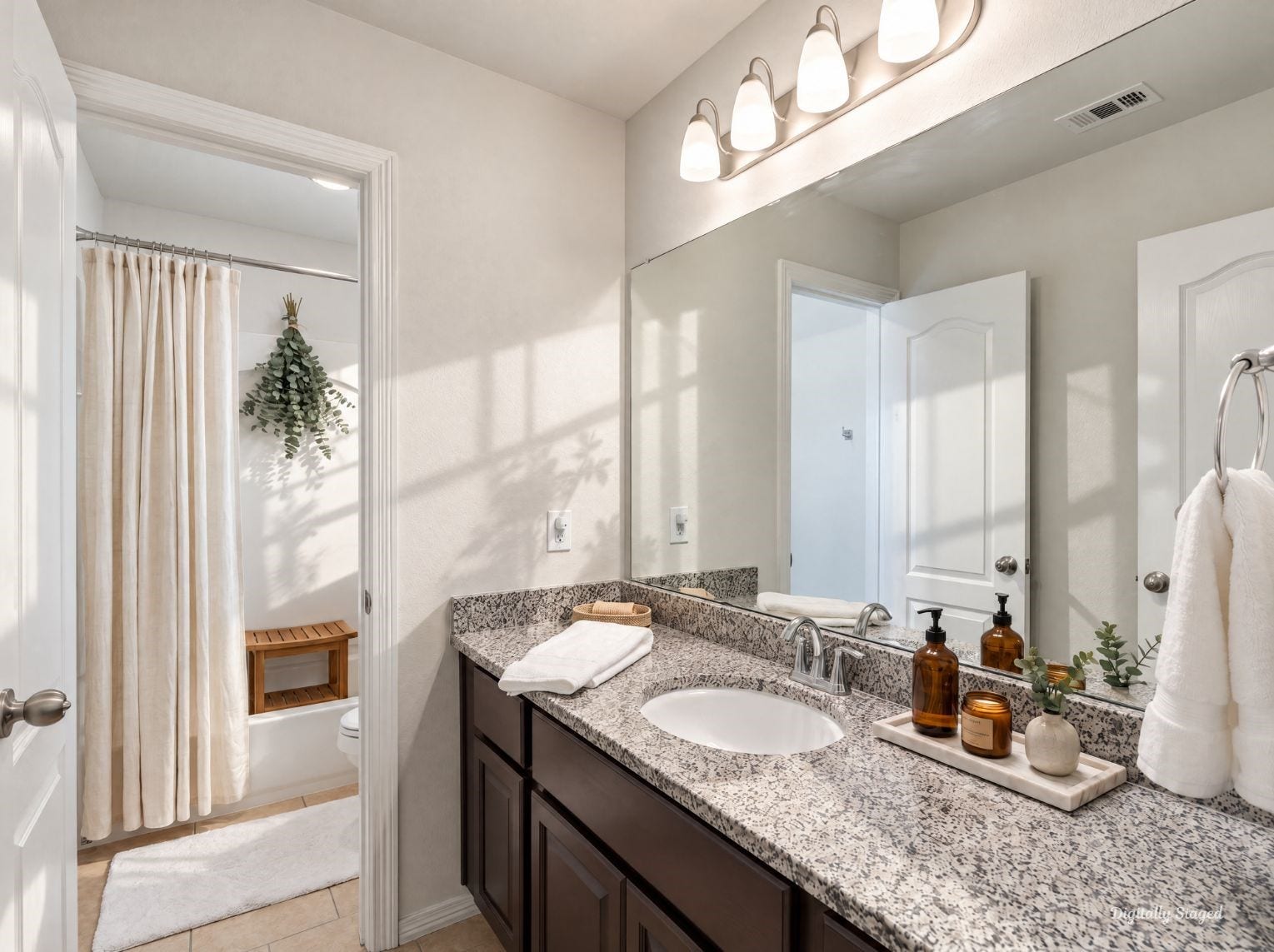 230 Elianne Lace Court, Conroe, TX 77318 Secondary bathroom with a granite-topped vanity, dark cabinetry, and a four-light fixture over a wide mirror. A separate tub and shower area with tile flooring adds everyday convenience.
This photo has been digitally staged to illustrate the possibilities of the homes aesthetic and potential design. Some furnishings and dcor shown are for visual inspiration.