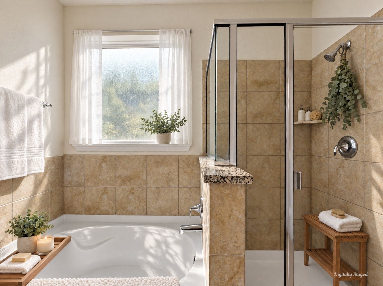 230 Elianne Lace Court, Conroe, TX 77318 Primary bath featuring a deep soaking tub with tile surround beneath a bright textured-glass window. A glass-enclosed tiled shower with a granite-topped half wall completes the spa-like setup.
This photo has been digitally staged to illustrate the possibilities of the homes aesthetic and potential design. Some furnishings and dcor shown are for visual inspiration.